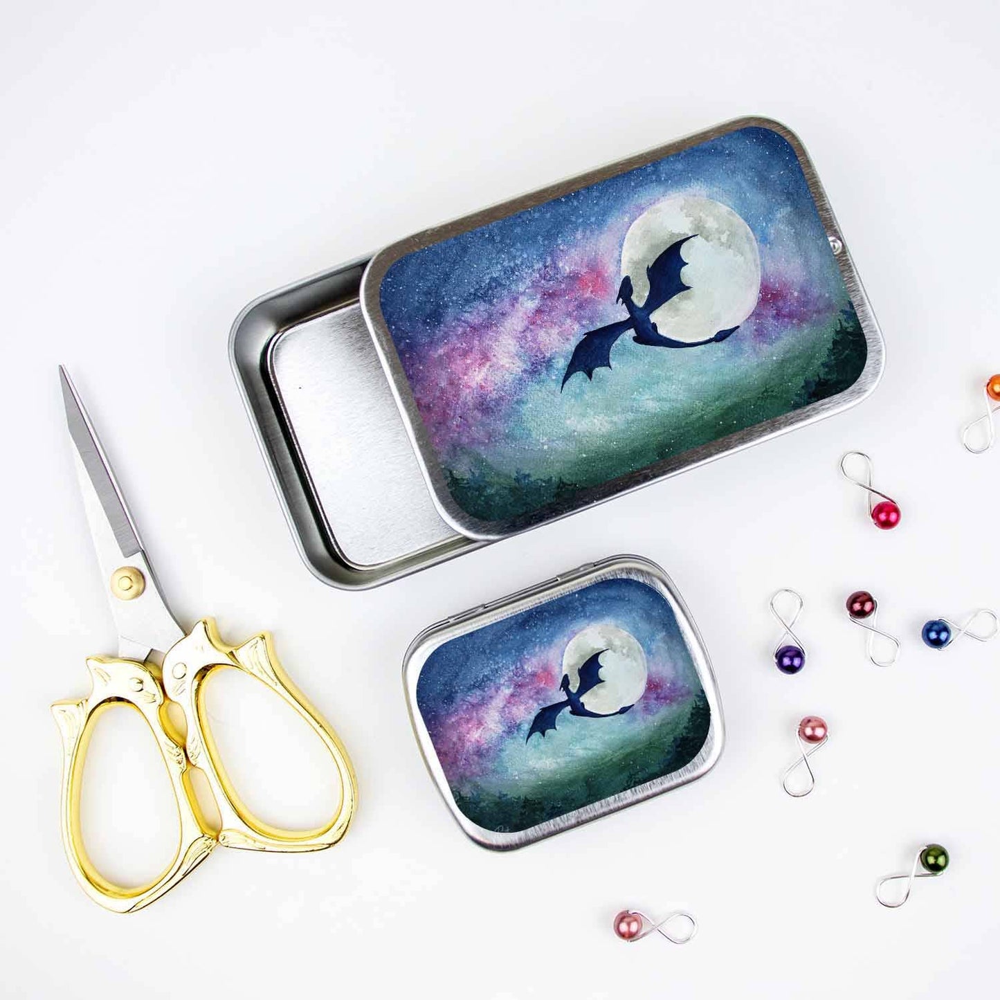 Dragon Moon Stitch Marker Storage Tin: Large (slide style)