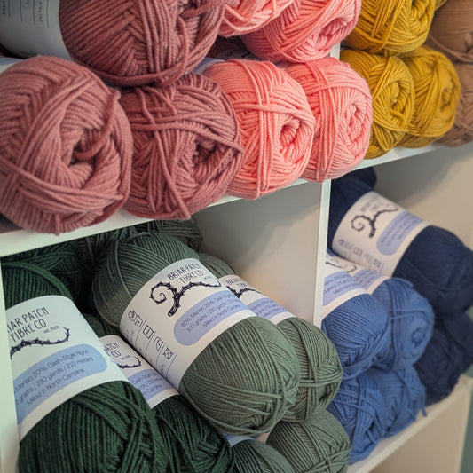 Shelf with colorful yarn balls in various colors